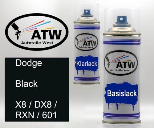 Dodge, Black, X8 / DX8 / RXN / 601: 400ml Sprühdose + 400ml Klarlack - Set, von ATW Autoteile West.
